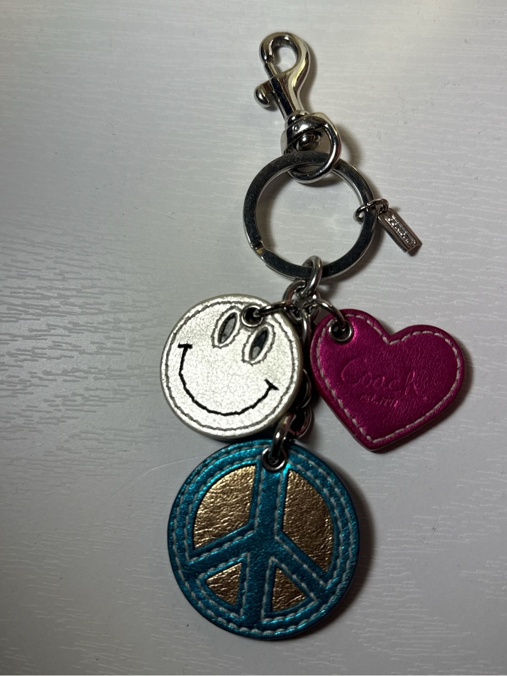 Coach Pink Heart, Silver Smiley & Teal Peace Sign Charm Keychain